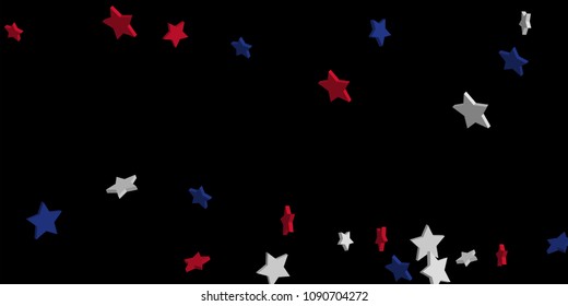 4th of July. Abstract background of falling red, blue, white stars in the colors of the United States, the patriotic stars of America confetti. USA banner background. Vector illustration
