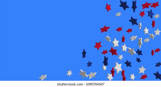 4th of July. Abstract background of falling red, blue, white stars in the colors of the United States, the patriotic stars of America confetti. USA banner background. Vector illustration