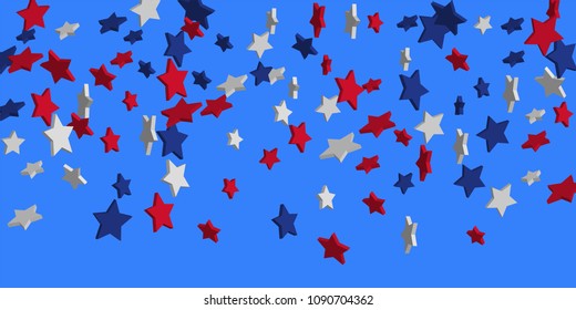 4th of July. Abstract background of falling red, blue, white stars in the colors of the United States, the patriotic stars of America confetti. USA banner background. Vector illustration