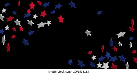 4th of July. Abstract background of falling red, blue, white stars in the colors of the United States, the patriotic stars of America confetti. USA banner background. Vector illustration