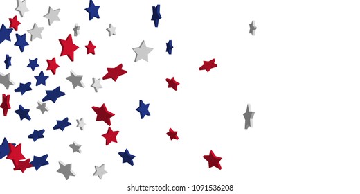 4th of July. Abstract background of falling red, blue, white stars in the colors of the United States, the patriotic stars of America confetti. USA banner background. Vector illustration