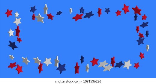 4th of July. Abstract background of falling red, blue, white stars in the colors of the United States, the patriotic stars of America confetti. USA banner background. Vector illustration