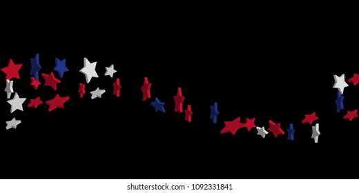 4th of July. Abstract background of falling red, blue, white stars in the colors of the United States, the patriotic stars of America confetti. USA banner background. Vector illustration