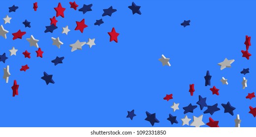 4th of July. Abstract background of falling red, blue, white stars in the colors of the United States, the patriotic stars of America confetti. USA banner background. Vector illustration