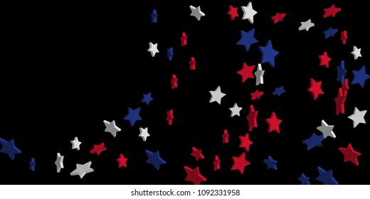 4th of July. Abstract background of falling red, blue, white stars in the colors of the United States, the patriotic stars of America confetti. USA banner background. Vector illustration