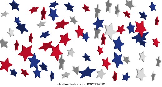 4th of July. Abstract background of falling red, blue, white stars in the colors of the United States, the patriotic stars of America confetti. USA banner background. Vector illustration
