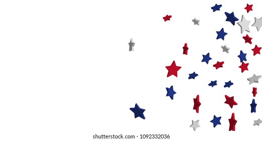 4th of July. Abstract background of falling red, blue, white stars in the colors of the United States, the patriotic stars of America confetti. USA banner background. Vector illustration