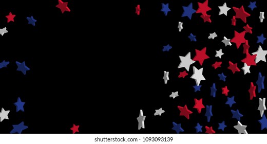 4th of July. Abstract background of falling red, blue, white stars in the colors of the United States, the patriotic stars of America confetti. USA banner background. Vector illustration
