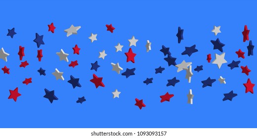 4th of July. Abstract background of falling red, blue, white stars in the colors of the United States, the patriotic stars of America confetti. USA banner background. Vector illustration
