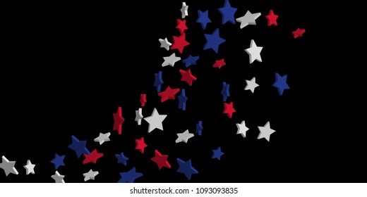 4th of July. Abstract background of falling red, blue, white stars in the colors of the United States, the patriotic stars of America confetti. USA banner background. Vector illustration