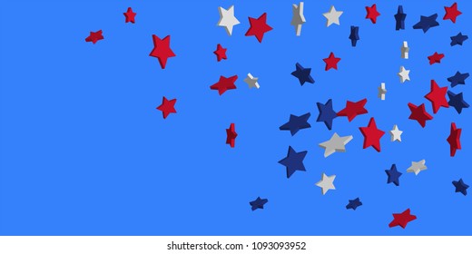 4th of July. Abstract background of falling red, blue, white stars in the colors of the United States, the patriotic stars of America confetti. USA banner background. Vector illustration