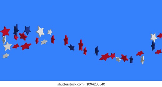 4th of July. Abstract background of falling red, blue, white stars in the colors of the United States, the patriotic stars of America confetti. USA banner background. Vector illustration