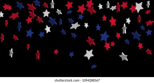 4th of July. Abstract background of falling red, blue, white stars in the colors of the United States, the patriotic stars of America confetti. USA banner background. Vector illustration