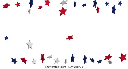 4th of July. Abstract background of falling red, blue, white stars in the colors of the United States, the patriotic stars of America confetti. USA banner background. Vector illustration
