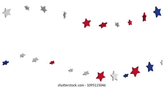 4th of July. Abstract background of falling red, blue, white stars in the colors of the United States, the patriotic stars of America confetti. USA banner background. Vector illustration