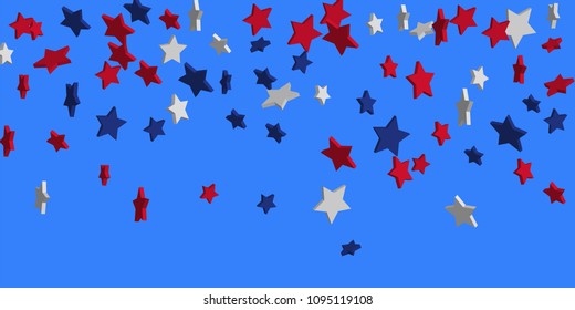 4th of July. Abstract background of falling red, blue, white stars in the colors of the United States, the patriotic stars of America confetti. USA banner background. Vector illustration