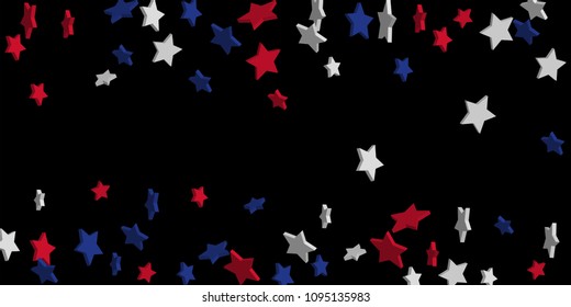 4th of July. Abstract background of falling red, blue, white stars in the colors of the United States, the patriotic stars of America confetti. USA banner background. Vector illustration