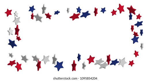 4th of July. Abstract background of falling red, blue, white stars in the colors of the United States, the patriotic stars of America confetti. USA banner background. Vector illustration