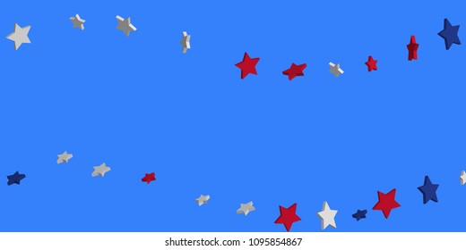 4th of July. Abstract background of falling red, blue, white stars in the colors of the United States, the patriotic stars of America confetti. USA banner background. Vector illustration