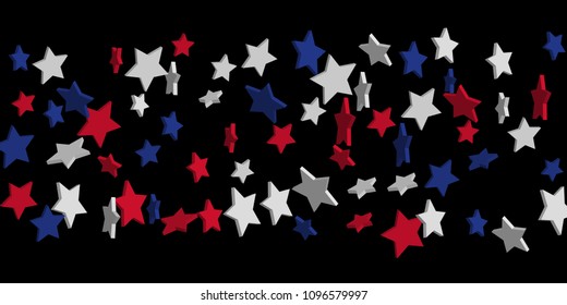 4th of July. Abstract background of falling red, blue, white stars in the colors of the United States, the patriotic stars of America confetti. USA banner background. Vector illustration