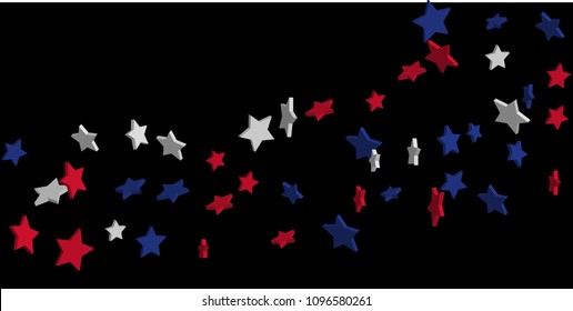 4th of July. Abstract background of falling red, blue, white stars in the colors of the United States, the patriotic stars of America confetti. USA banner background. Vector illustration