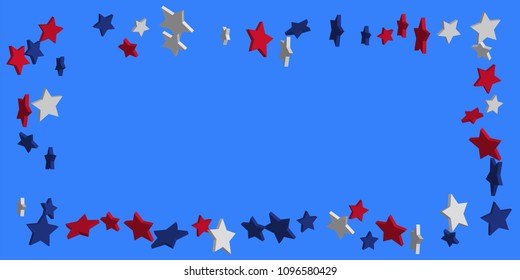 4th of July. Abstract background of falling red, blue, white stars in the colors of the United States, the patriotic stars of America confetti. USA banner background. Vector illustration
