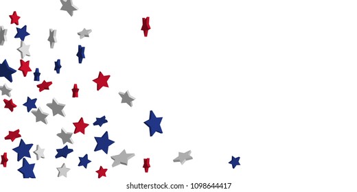 4th of July. Abstract background of falling red, blue, white stars in the colors of the United States, the patriotic stars of America confetti. USA banner background. Vector illustration