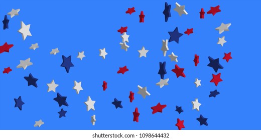 4th of July. Abstract background of falling red, blue, white stars in the colors of the United States, the patriotic stars of America confetti. USA banner background. Vector illustration