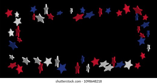 4th of July. Abstract background of falling red, blue, white stars in the colors of the United States, the patriotic stars of America confetti. USA banner background. Vector illustration