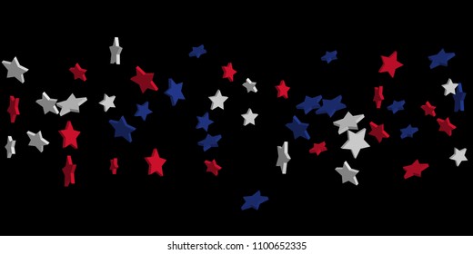 4th of July. Abstract background of falling red, blue, white stars in the colors of the United States, the patriotic stars of America confetti. USA banner background. Vector illustration