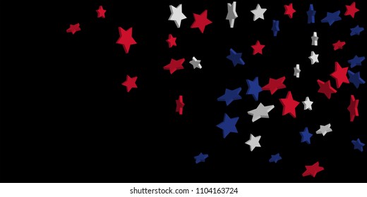4th of July. Abstract background of falling red, blue, white stars in the colors of the United States, the patriotic stars of America confetti. USA banner background. Vector illustration