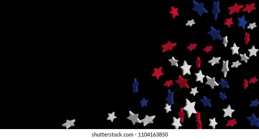 4th of July. Abstract background of falling red, blue, white stars in the colors of the United States, the patriotic stars of America confetti. USA banner background. Vector illustration