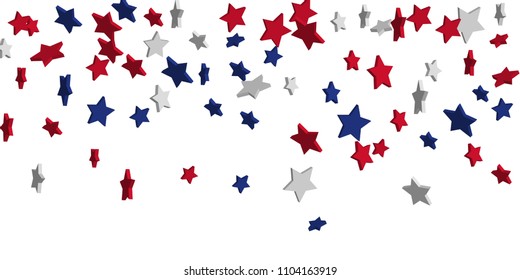 4th of July. Abstract background of falling red, blue, white stars in the colors of the United States, the patriotic stars of America confetti. USA banner background. Vector illustration