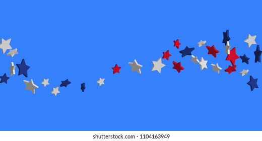 4th of July. Abstract background of falling red, blue, white stars in the colors of the United States, the patriotic stars of America confetti. USA banner background. Vector illustration