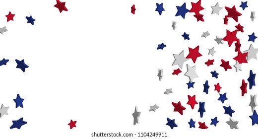 4th of July. Abstract background of falling red, blue, white stars in the colors of the United States, the patriotic stars of America confetti. USA banner background. Vector illustration