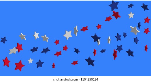 4th of July. Abstract background of falling red, blue, white stars in the colors of the United States, the patriotic stars of America confetti. USA banner background. Vector illustration