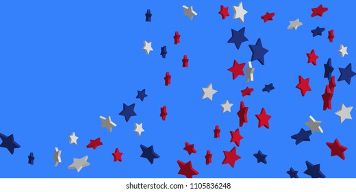 4th of July. Abstract background of falling red, blue, white stars in the colors of the United States, the patriotic stars of America confetti. USA banner background. Vector illustration