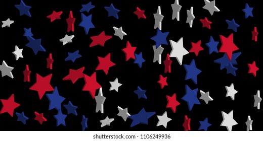 4th of July. Abstract background of falling red, blue, white stars in the colors of the United States, the patriotic stars of America confetti. USA banner background. Vector illustration