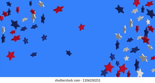 4th of July. Abstract background of falling red, blue, white stars in the colors of the United States, the patriotic stars of America confetti. USA banner background. Vector illustration
