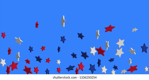 4th of July. Abstract background of falling red, blue, white stars in the colors of the United States, the patriotic stars of America confetti. USA banner background. Vector illustration