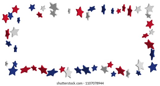 4th of July. Abstract background of falling red, blue, white stars in the colors of the United States, the patriotic stars of America confetti. USA banner background. Vector illustration