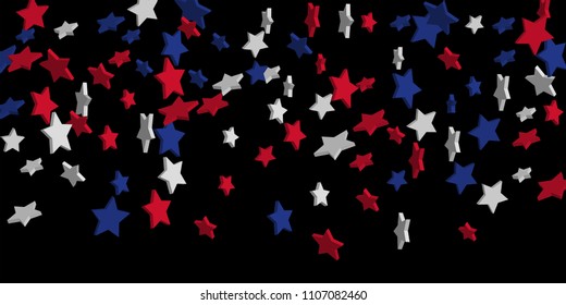 4th of July. Abstract background of falling red, blue, white stars in the colors of the United States, the patriotic stars of America confetti. USA banner background. Vector illustration