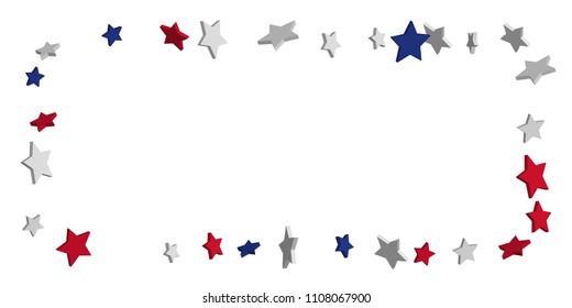 4th of July. Abstract background of falling red, blue, white stars in the colors of the United States, the patriotic stars of America confetti. USA banner background. Vector illustration