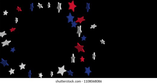4th of July. Abstract background of falling red, blue, white stars in the colors of the United States, the patriotic stars of America confetti. USA banner background. Vector illustration