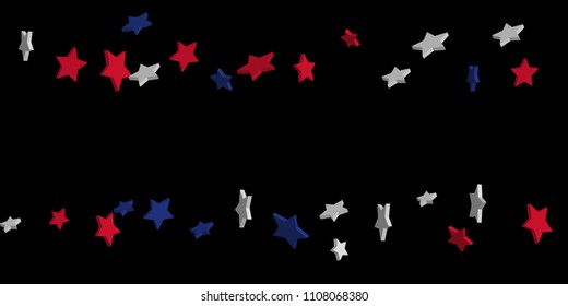 4th of July. Abstract background of falling red, blue, white stars in the colors of the United States, the patriotic stars of America confetti. USA banner background. Vector illustration