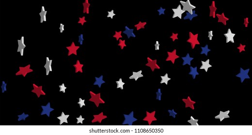 4th of July. Abstract background of falling red, blue, white stars in the colors of the United States, the patriotic stars of America confetti. USA banner background. Vector illustration