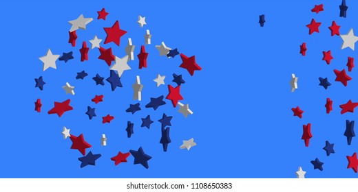4th of July. Abstract background of falling red, blue, white stars in the colors of the United States, the patriotic stars of America confetti. USA banner background. Vector illustration