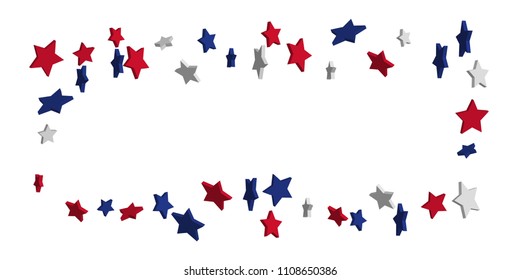 4th of July. Abstract background of falling red, blue, white stars in the colors of the United States, the patriotic stars of America confetti. USA banner background. Vector illustration