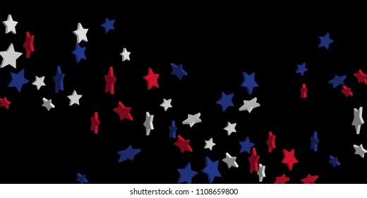 4th of July. Abstract background of falling red, blue, white stars in the colors of the United States, the patriotic stars of America confetti. USA banner background. Vector illustration