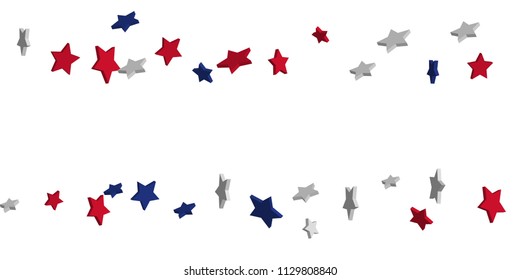 4th of July. Abstract background of falling red, blue, white stars in the colors of the United States, the patriotic stars of America confetti. USA banner background. Vector illustration